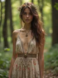 woman with enticing allure in flowy bohemian dress  in a serene forest setting