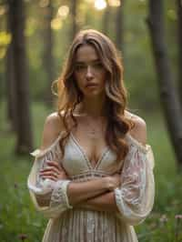 woman with enticing allure in flowy bohemian dress  in a serene forest setting