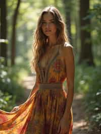 woman with enticing allure in flowy bohemian dress  in a serene forest setting