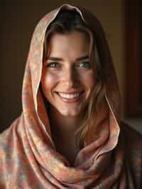 woman with a seductive smile, donned in a soft silk scarf , under warm indoor lighting