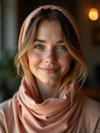 woman with a seductive smile, donned in a soft silk scarf , under warm indoor lighting