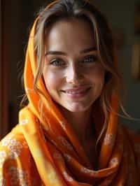 woman with a seductive smile, donned in a soft silk scarf , under warm indoor lighting