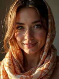 woman with a seductive smile, donned in a soft silk scarf , under warm indoor lighting