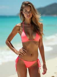 (full-body shot) of woman in a sultry beachwear ensemble , posed against a vibrant beach setting