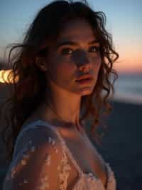 woman with enticing gaze, adorned with a delicate lace outfit  against a twilight backdrop