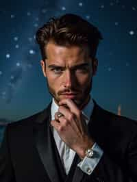 man with magnetic appeal, adorned in  luxurious cufflinks, against a starry night backdrop