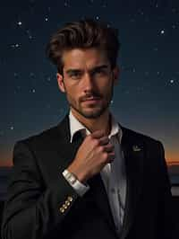 man with magnetic appeal, adorned in  luxurious cufflinks, against a starry night backdrop