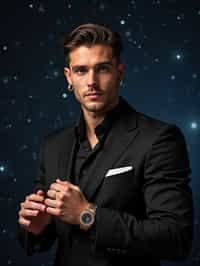 man with magnetic appeal, adorned in  luxurious cufflinks, against a starry night backdrop