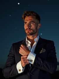 man with magnetic appeal, adorned in  luxurious cufflinks, against a starry night backdrop