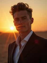 man in  dapper suit, radiating allure under the soft glow of a sunset