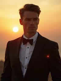 man in  dapper suit, radiating allure under the soft glow of a sunset