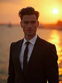 man in  dapper suit, radiating allure under the soft glow of a sunset