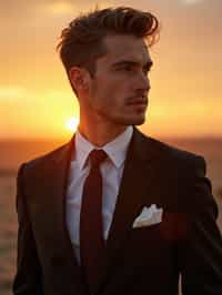 man in  dapper suit, radiating allure under the soft glow of a sunset