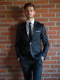 (full-body shot) of man in  sharp, tailored suit against a classic brick wall background