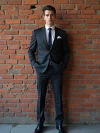 (full-body shot) of man in  sharp, tailored suit against a classic brick wall background