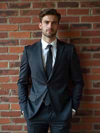 (full-body shot) of man in  sharp, tailored suit against a classic brick wall background