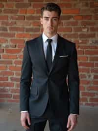 (full-body shot) of man in  sharp, tailored suit against a classic brick wall background