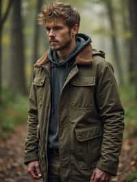 man with enticing allure in  rugged outdoor outfit in a serene forest setting