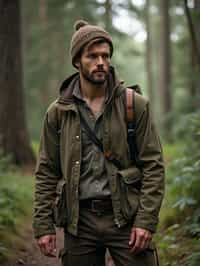 man with enticing allure in  rugged outdoor outfit in a serene forest setting