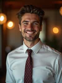 man with a seductive smile, donned in a  classy tie, under warm indoor lighting