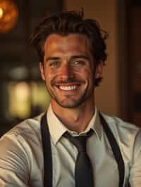 man with a seductive smile, donned in a  classy tie, under warm indoor lighting