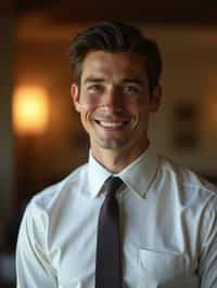 man with a seductive smile, donned in a  classy tie, under warm indoor lighting