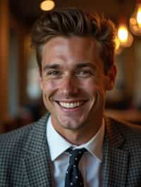 man with a seductive smile, donned in a  classy tie, under warm indoor lighting