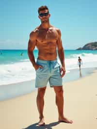 (full-body shot) of man in a  smart casual beach attire, posed against a vibrant beach setting