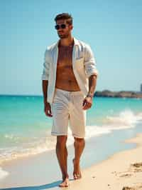 (full-body shot) of man in a  smart casual beach attire, posed against a vibrant beach setting