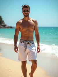 (full-body shot) of man in a  smart casual beach attire, posed against a vibrant beach setting