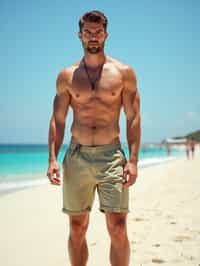 (full-body shot) of man in a  smart casual beach attire, posed against a vibrant beach setting