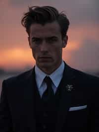 man with enticing gaze, adorned with  sharp, stylish suit against a twilight backdrop