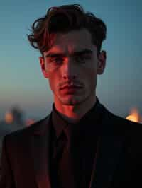 man with enticing gaze, adorned with  sharp, stylish suit against a twilight backdrop