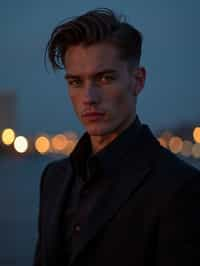 man with enticing gaze, adorned with  sharp, stylish suit against a twilight backdrop