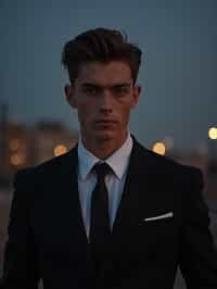 man with enticing gaze, adorned with  sharp, stylish suit against a twilight backdrop