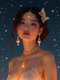 woman with magnetic appeal, adorned in sparkling jewelry , against a starry night backdrop