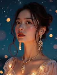 woman with magnetic appeal, adorned in sparkling jewelry , against a starry night backdrop