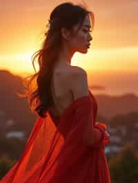 woman in sophisticated evening wear , radiating allure under the soft glow of a sunset