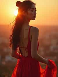 woman in sophisticated evening wear , radiating allure under the soft glow of a sunset