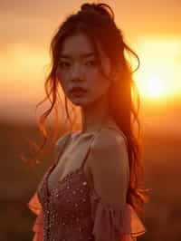 woman in sophisticated evening wear , radiating allure under the soft glow of a sunset