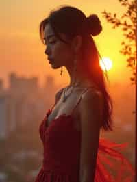 woman in sophisticated evening wear , radiating allure under the soft glow of a sunset