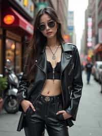 woman in daring, edgy ensemble  against an edgy urban backdrop