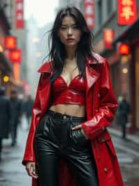 woman in daring, edgy ensemble  against an edgy urban backdrop