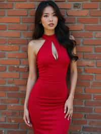 (full-body shot) of woman in bold, fitted dress  against a classic brick wall background