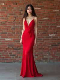 (full-body shot) of woman in bold, fitted dress  against a classic brick wall background