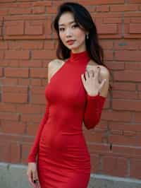 (full-body shot) of woman in bold, fitted dress  against a classic brick wall background