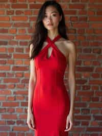 (full-body shot) of woman in bold, fitted dress  against a classic brick wall background