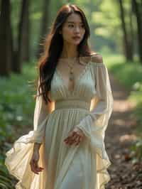 woman with enticing allure in flowy bohemian dress  in a serene forest setting