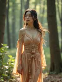 woman with enticing allure in flowy bohemian dress  in a serene forest setting