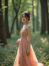 woman with enticing allure in flowy bohemian dress  in a serene forest setting